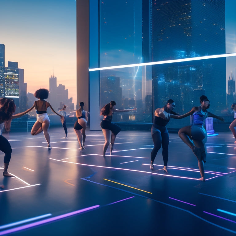 A futuristic dance studio with holographic screens, surrounded by diverse dancers in motion, wearing virtual reality headsets and holding tablets, with a subtle cityscape background at dusk.