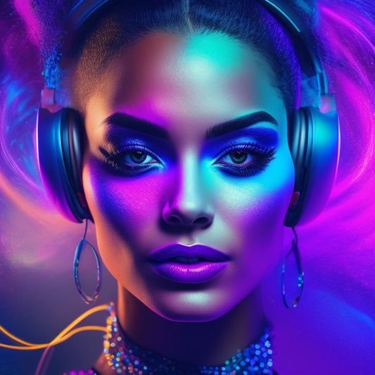 A colorful, abstract illustration depicting a dancer's face with swirling makeup brushes, digital tablets, and headphones surrounding it, set against a dark, neon-lit background with subtle dance floor reflections.