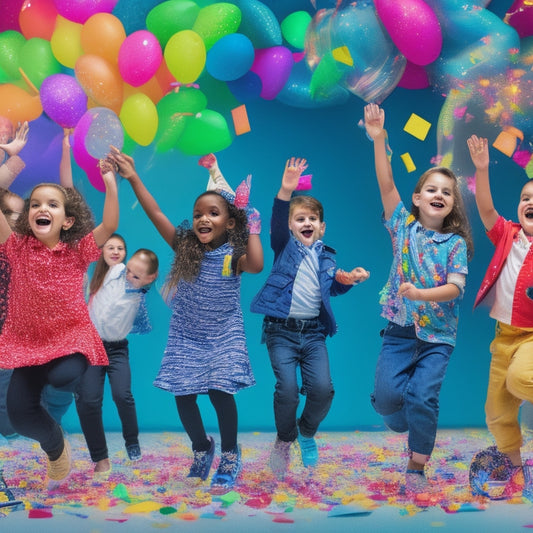 A bright, colorful illustration of happy kids (ages 6-12) dancing in front of laptops, surrounded by makeup brushes, mirrors, and dance equipment, with confetti and balloons in the background.