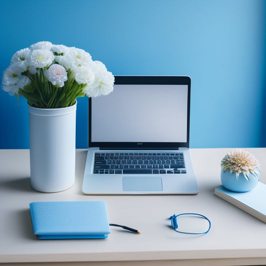 A minimalist illustration of a laptop on a tidy desk, surrounded by a few organized notebooks and a single, blooming flower, set against a soft, calming blue background.