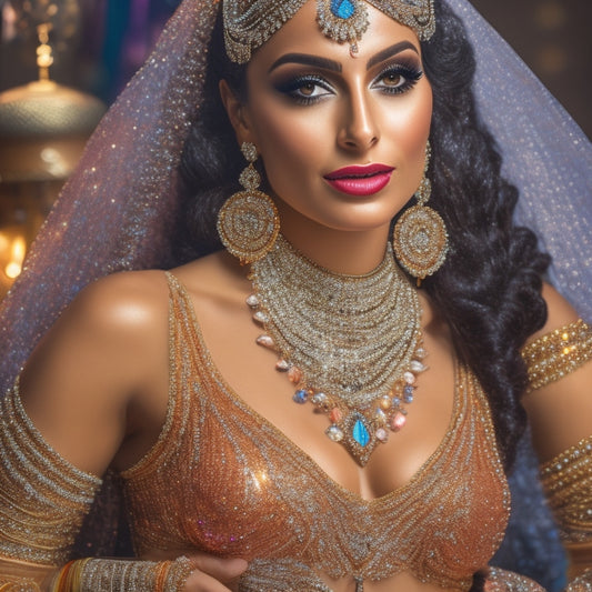 A glamorous belly dancer, posing in a sparkling costume, surrounded by glittering accessories: coins, beads, sequins, and fringe, with a subtle Middle Eastern-inspired background.