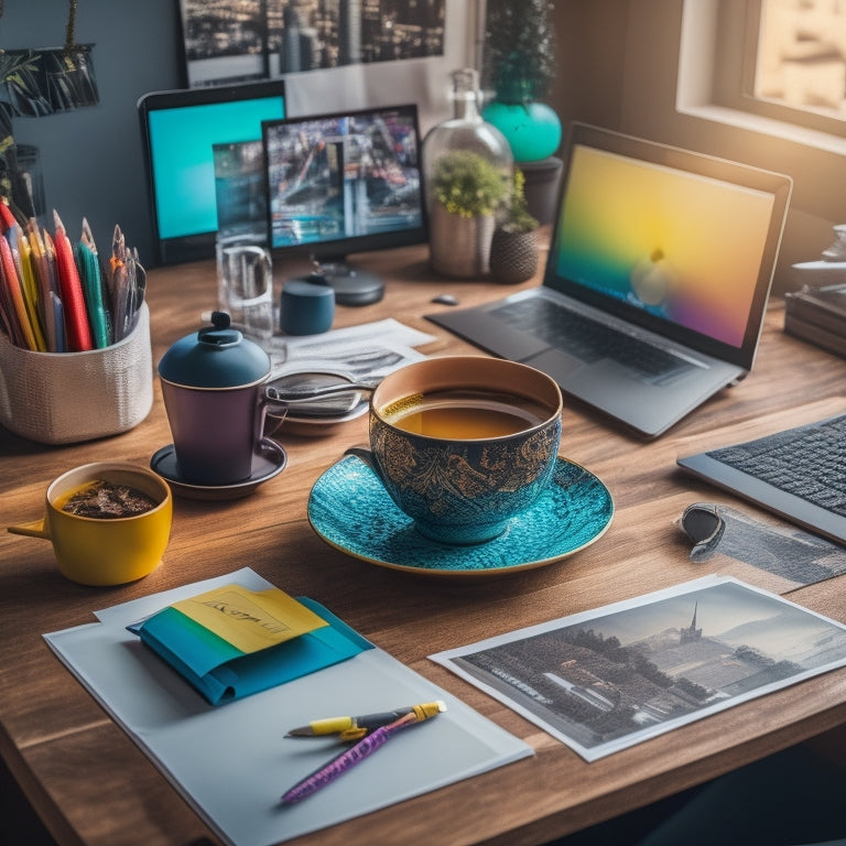 A colorful, modern desk with a laptop and a cup of steaming coffee, surrounded by scattered papers, colorful pens, and a few opened folders with vibrant, swirling patterns, amidst a subtle cityscape background.