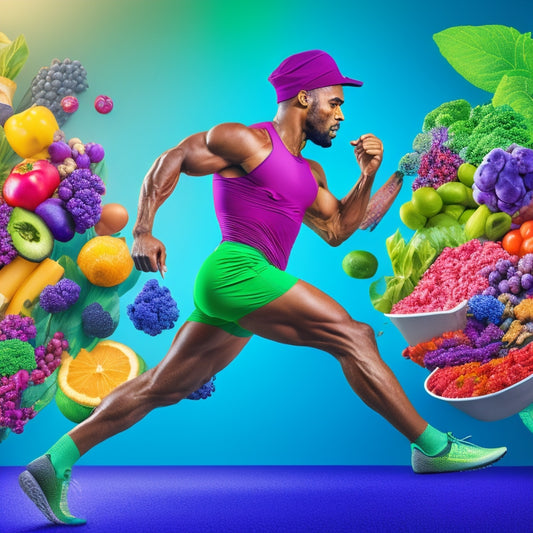 A vibrant illustration of a fit and healthy individual in motion, surrounded by a variety of colorful, nutrient-dense foods, with a subtle background gradient of healthy skin tones.