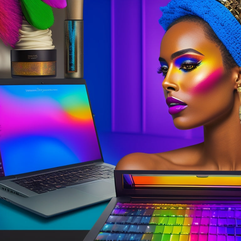 A colorful illustration featuring a dancer in front of a laptop, surrounded by makeup brushes and products, with a split-screen comparison of a novice's makeup attempt versus a flawless, professionally-done look.