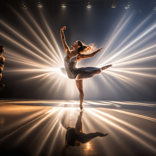 A dynamic, high-energy image featuring a spotlight shining down on a dancer in mid-pose, surrounded by swirling dance studio mirrors, with shadows of other dancers blurred in the background.