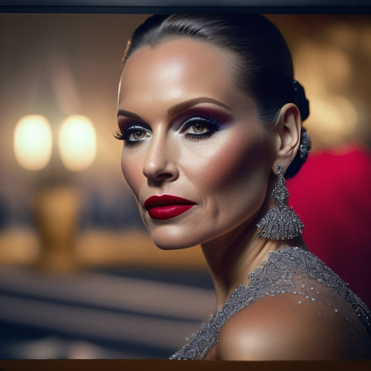 A glamorous, spotlight-lit portrait of a confident MAC Cosmetics Director striking a pose on the Met Gala red carpet, adorned in a dazzling, floor-sweeping evening gown and flawless makeup.