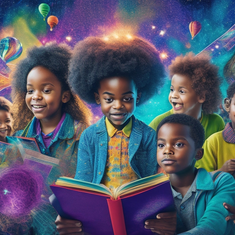 A vibrant, whimsical illustration of a diverse group of children and adults from different cultural backgrounds, surrounded by swirling book pages and colorful book spines, with energetic sparks and stars.