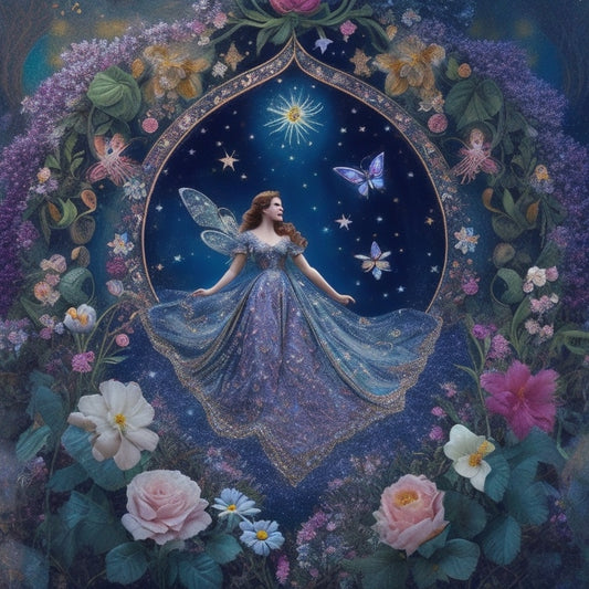 A whimsical illustration of a fairy surrounded by swirling vines, flowers, and butterflies, with a quilt in the background featuring a fairy-inspired pattern of stars, moons, and flowers.