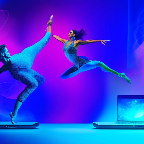 A vibrant, abstract background with swirling shapes in shades of purple, blue, and green, featuring a silhouette of a dancer in motion, surrounded by laptops and tablets with screens displaying dance moves.