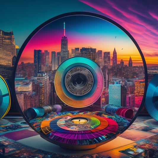 A kaleidoscope of vibrant colors swirling around a TV screen, surrounded by scattered vinyl records, music notes, and film reels, with a cityscape at dusk in the background.