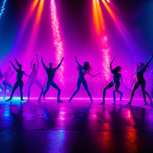 A dark background with multiple silhouettes of dancers in dynamic poses, illuminated by vibrant spotlights, surrounded by drills and dance equipment, with splashes of neon colors and abstract shapes.