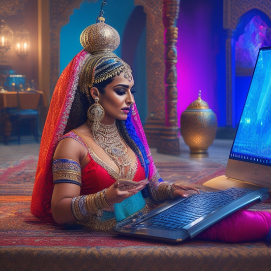 A whimsical illustration of a belly dancer in a vibrant Middle Eastern-inspired background, surrounded by musical notes, Arabic instruments, and ornate lanterns, with a laptop and headphones in the foreground.