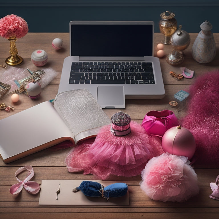 A whimsical illustration of a laptop and a dresser, surrounded by scattered dance costume pieces, such as tutus, leotards, and ballet shoes, with a subtle background of a stage or dance studio.