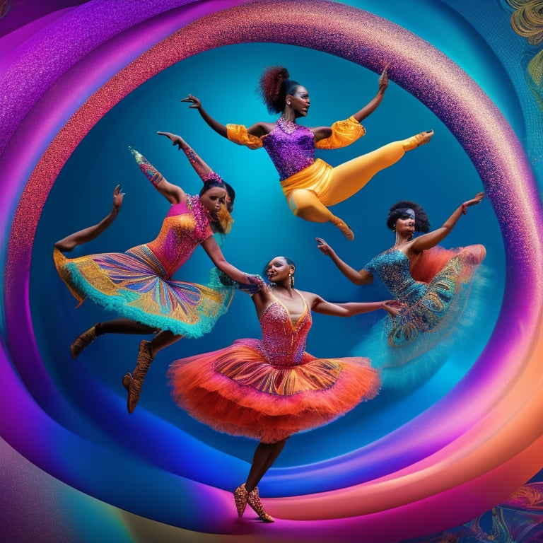 A colorful illustration featuring a group of diverse dancers in various poses, surrounded by swirling shapes and patterns, with a subtle sparkle effect in the background.