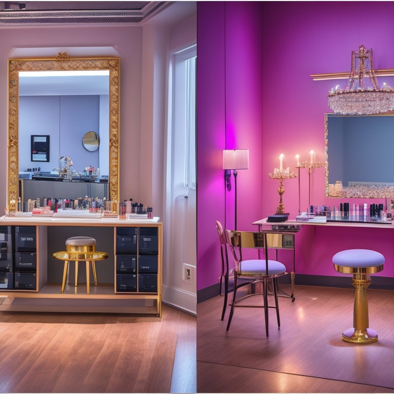 A glamorous, spotlit dance studio with mirrors, a ballet barre, and a vanity with makeup brushes, palettes, and a laptop open to a virtual classroom, surrounded by dance-inspired makeup looks on screens and papers.