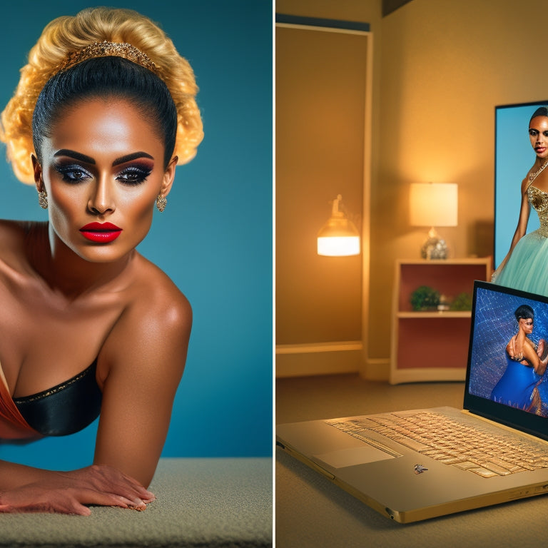 A split-screen image: a laptop open to a virtual dance class on one side, and a beautifully lit vanity with makeup and dance-inspired props on the other, with a mirror reflecting a dancer's face.