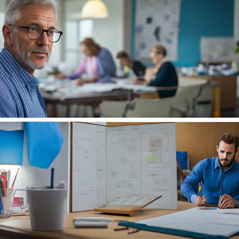A split-screen image featuring a confident instructor stood in front of a whiteboard filled with organized notes and diagrams, juxtaposed with a cluttered and chaotic workspace in the background, with scattered papers and broken pencils.