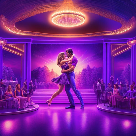 A vibrant illustration featuring iconic movie dance scenes, including Dirty Dancing's lake lift, Pulp Fiction's twists, and Grease's hand jives, set against a dark purple background with golden spotlights shining down.