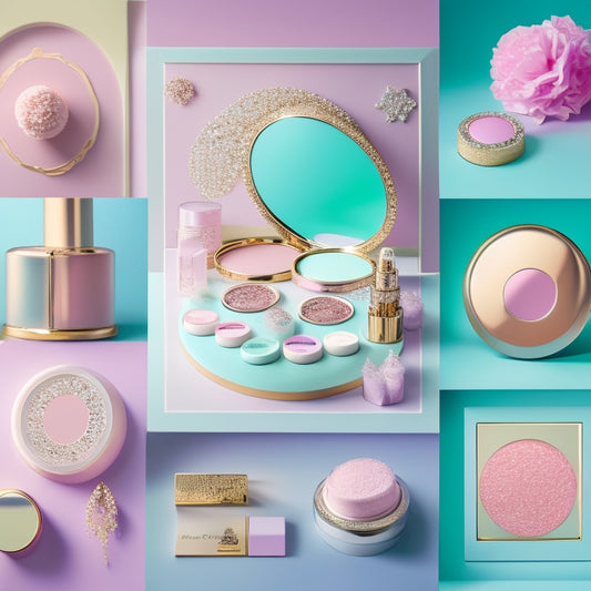 A pastel-colored, oval-shaped inspiration board with scattered makeup products, glittering eye shadows, and rhinestones surrounded by delicate, swirling patterns of stage lights and dance-inspired doodles.