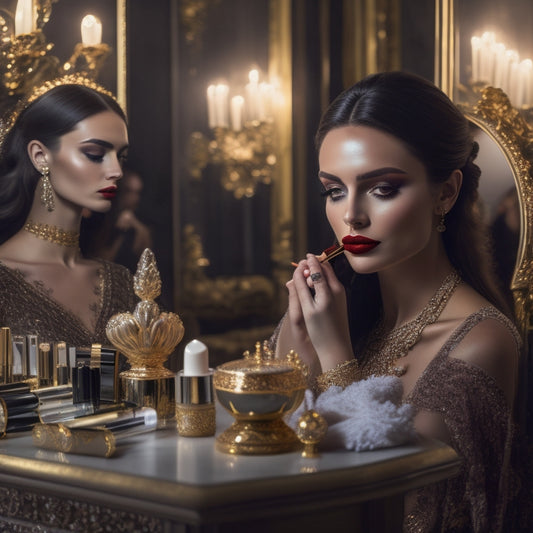 A dimly lit, luxurious vanity with a velvet-covered stool, surrounded by ornate golden mirrors, adorned with an assortment of high-end makeup products and precision brushes, spotlighting a flawless, porcelain-skinned model.