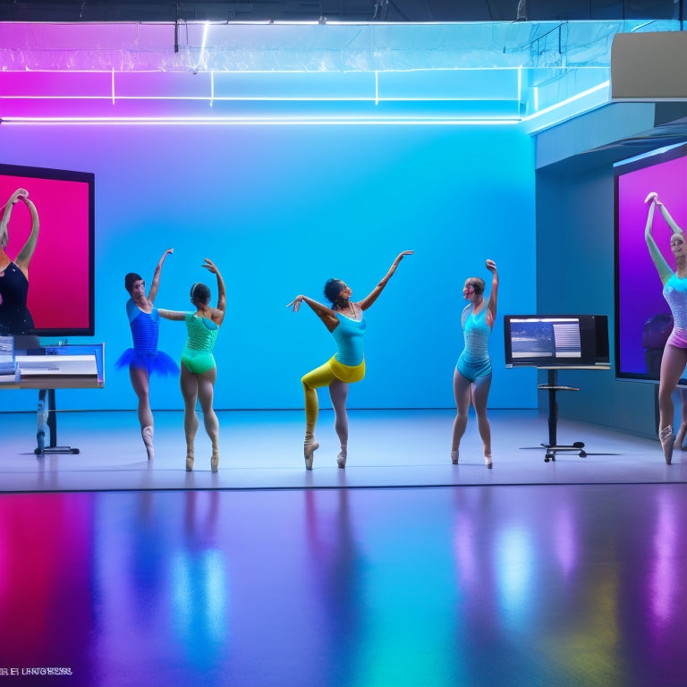 A colorful illustration of a dance studio with ballet bars, mirrors, and a desk in the center, featuring a tablet with a sleek, modern registration form on the screen, surrounded by dancing silhouettes.