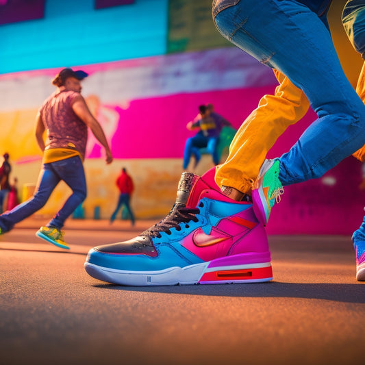 A dynamic scene showcasing vibrant, stylish hip hop dance sneakers in mid-action, surrounded by colorful graffiti art, energetic dancers in motion, and urban street elements, capturing the essence of hip hop culture.