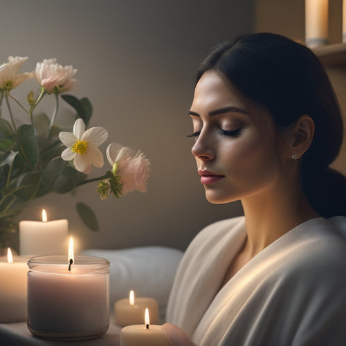 A serene, minimalist illustration of a peaceful spa ambiance, featuring a calm woman with closed eyes, surrounded by candles, flowers, and a subtle, shimmering aura, conveying relaxation and tranquility.