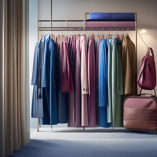 A serene travel scene featuring neatly organized, transparent breathable garment bags displaying colorful clothing, hung on a stylish rack. Soft, natural light filters through, illuminating the fabric textures and travel essentials around them.