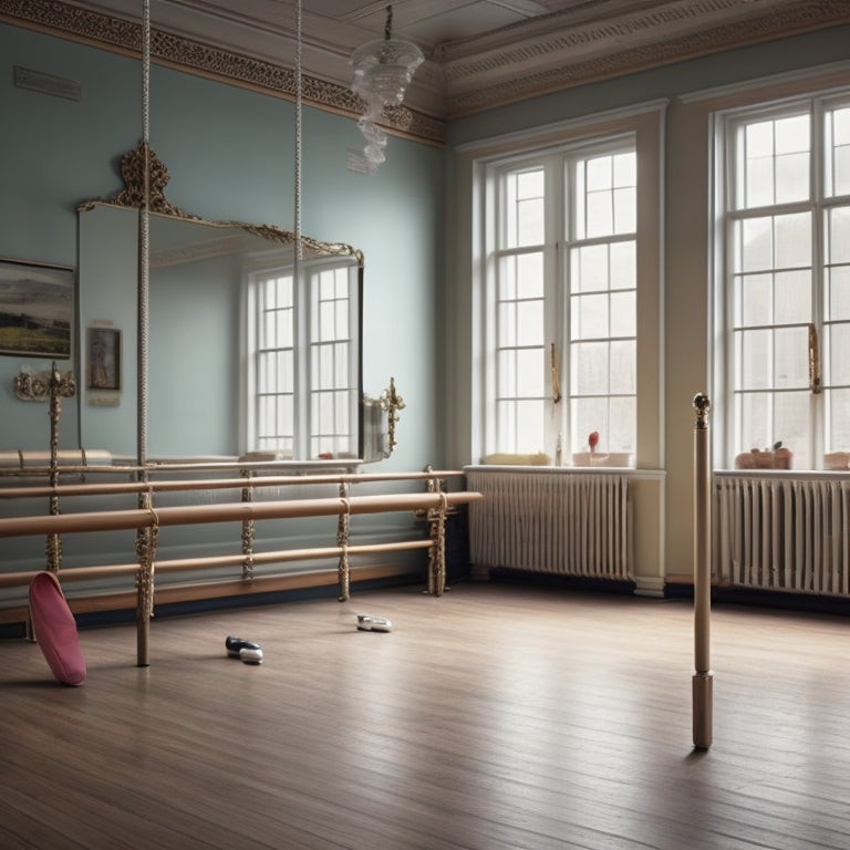 A ballet studio interior with a wooden barre attached to a mirror-covered wall, a measuring tape stretched from floor to barre, and a few ballet shoes scattered around.