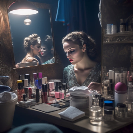 A dimly lit, backstage dressing room mirror reflects a dancer's frustrated expression, surrounded by scattered makeup products, smudged compacts, and crumpled up tissues, amidst a messy, chaotic atmosphere.