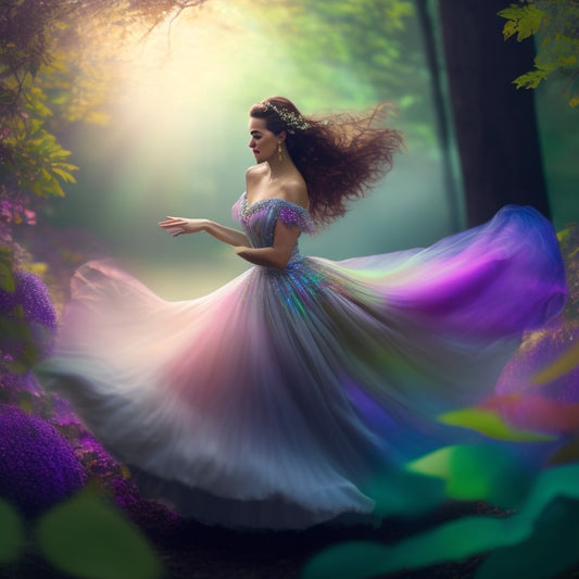 A whimsical illustration of a young woman twirling in a flowing, iridescent Wind Dancer skirt, surrounded by swirling leaves and petals, amidst a soft, shimmering mist.