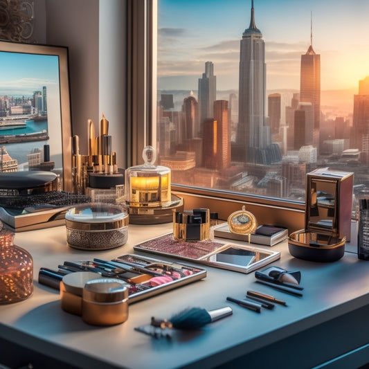 A busy makeup artist's workstation with a timer, makeup brushes, and products organized on a tray, surrounded by a clutter-free background, with a few strategically-placed clocks and a subtle cityscape in the background.