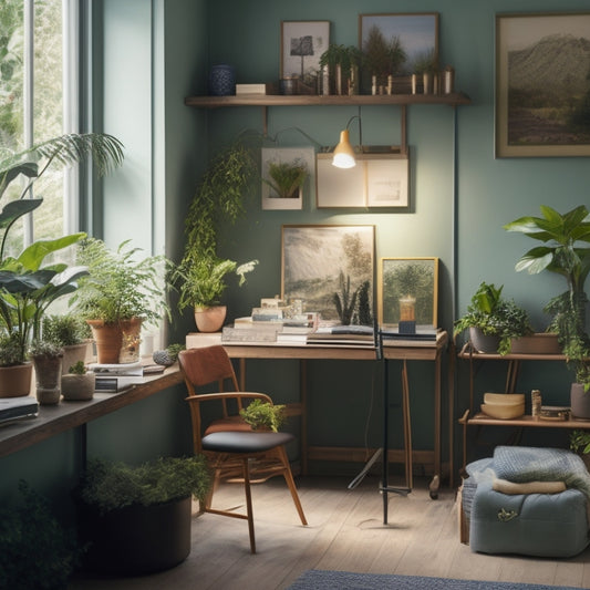 A tidy, well-lit studio with a minimalist desk, organized shelves, and a labeled storage cart, surrounded by inspirational art pieces and lush greenery, conveying a sense of calm productivity.