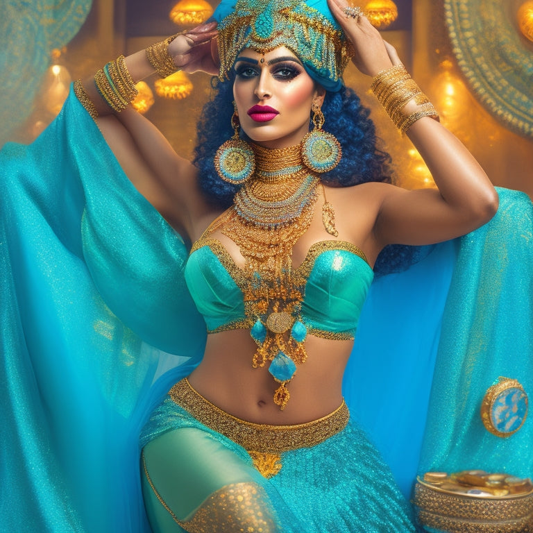 A whimsical illustration featuring a belly dancer in a vibrant, turquoise costume adorned with intricate gold coins and flowing, layered skirts, surrounded by exotic fabrics and sparkling accessories.