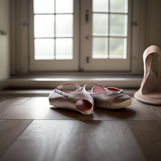 A pair of elegant ballet sandals on a soft, wooden floor, showcasing their cushioned arch support. Surrounding them are delicate ballet accessories—tutus and pointe shoes—bathed in warm, natural light.