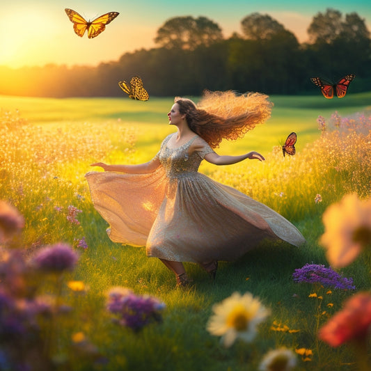 A whimsical illustration of a woman dancing freely in a lush green meadow, surrounded by fluttering butterflies and blooming flowers, with a subtle sunset glow and soft, swirling patterns in the background.
