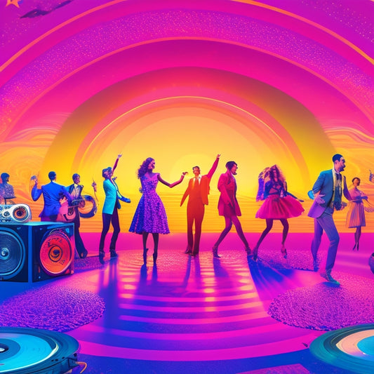 A whimsical illustration of a dance floor at sunset, with silhouetted dancers in 60s attire, surrounded by vinyl records, cassette tapes, and a vintage boombox, amidst swirling patterns of purple, pink, and blue hues.