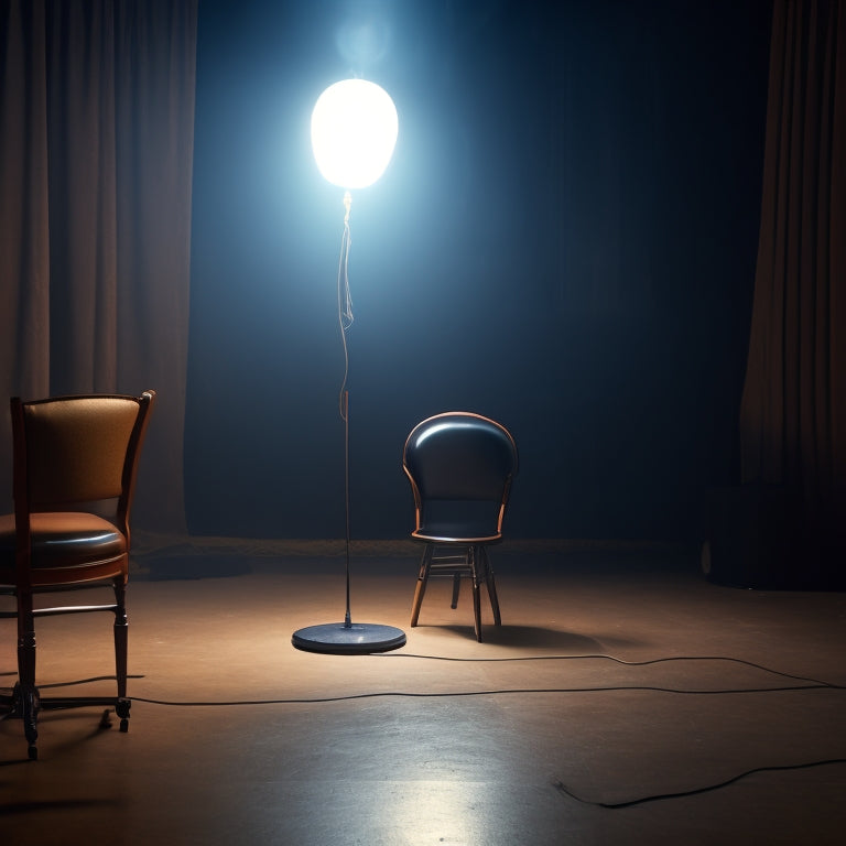 A dimly lit, empty event space with a few scattered chairs, a microphone on a lonely stage, and a single, forgotten balloon tangled in a chair leg, surrounded by dark shadows.