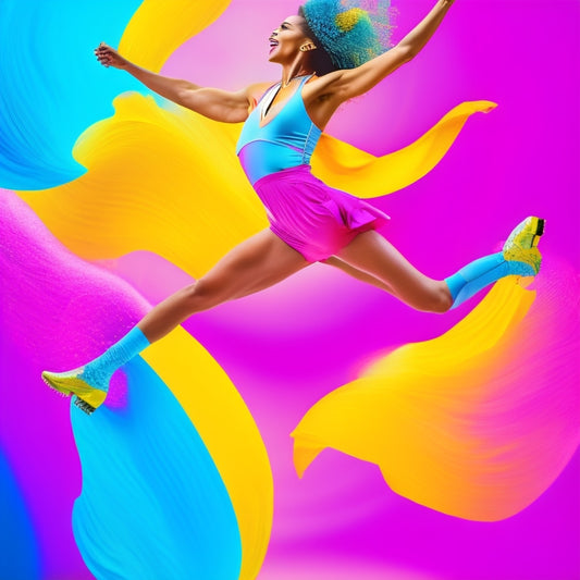 A vibrant, dynamic illustration of a confident dancer leaping in mid-air, surrounded by swirling music notes, spotlights, and scattered PDF icons in shades of bright pink, electric blue, and sunshine yellow.
