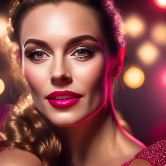 A spotlight shines on a dancer's face, highlighting a flawless, glamorous makeup look: bold lashes, rosy cheeks, and a bright, red lip, amidst a backdrop of tap shoes and dance floor lights.