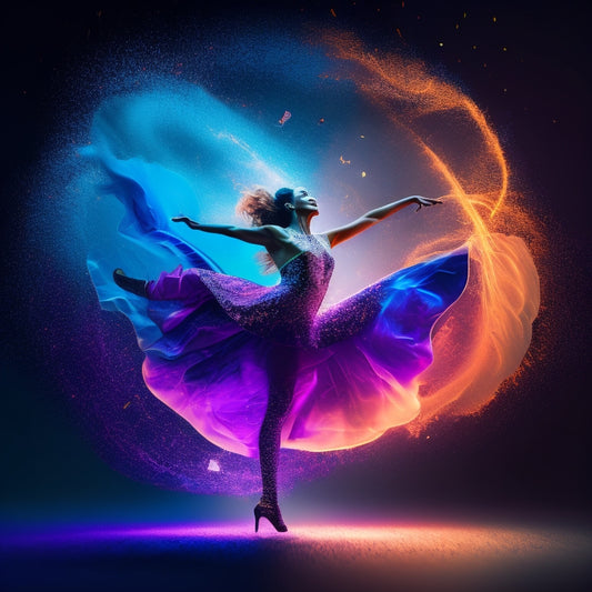 A vibrant illustration of a dancing figure surrounded by swirling shapes, music notes, and colorful sparks, conveying energy, movement, and joy, set against a dark blue or black background.