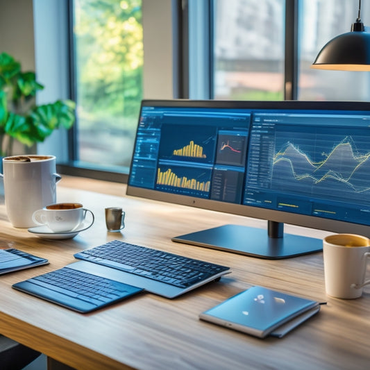 A sleek dashboard displaying graphs and charts, with icons representing data analytics, market trends, and competitor analysis, surrounded by an organized workspace featuring a laptop, notepad, and coffee cup, all in a modern office setting.