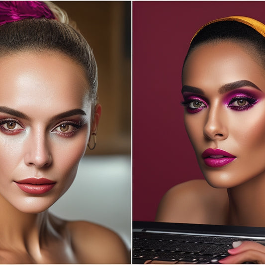 A split-screen image featuring a makeup-free face on the left and a glamorously made-up face on the right, with a laptop in the background displaying a dance-themed makeup tutorial video.