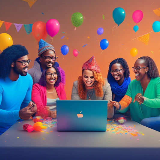 A whimsical illustration of a diverse group of people, each with a unique belly shape, gathered around a glowing laptop, surrounded by confetti and balloons, with a subtle background of coding symbols.
