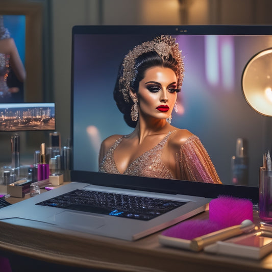 A glamorous, spotlit dancer in a flowing costume stands in front of a vanity, surrounded by makeup brushes and products, with a laptop open to a virtual makeup course on the screen.