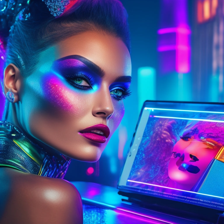 A futuristic, neon-lit makeup station with a tablet and stylus, surrounded by digital screens displaying vibrant, swirling makeup designs and 3D models of faces, amidst a backdrop of dark, glittering cityscape.