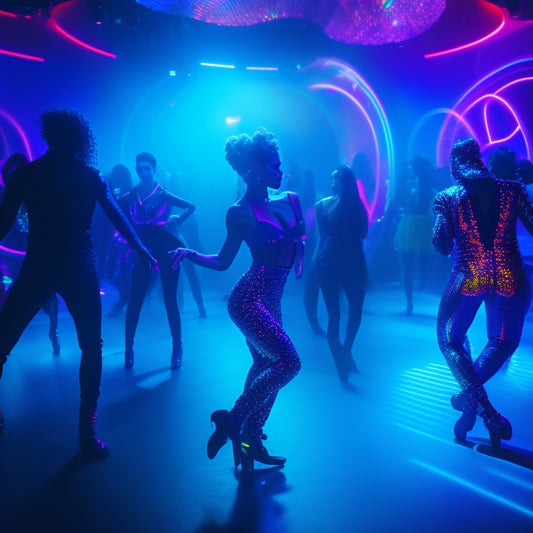 A vibrant, dark-lit dance floor filled with diverse dancers in futuristic attire, surrounded by swirling neon lights and holographic projections of AI-generated art, pulsating to an energetic beat.