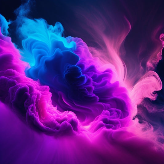 Vibrant, swirling shapes in pink, purple, and blue hues dance across a black background, surrounded by subtle, shimmering starlights, evoking the joy and freedom of creative expression.