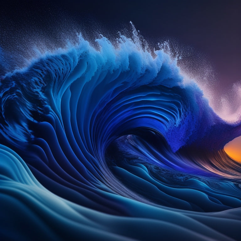 A stylized, abstract wave form comprised of swirling brushstrokes and vibrant hues, radiating from a central point, evoking creativity and innovation, set against a dark blue or black background.