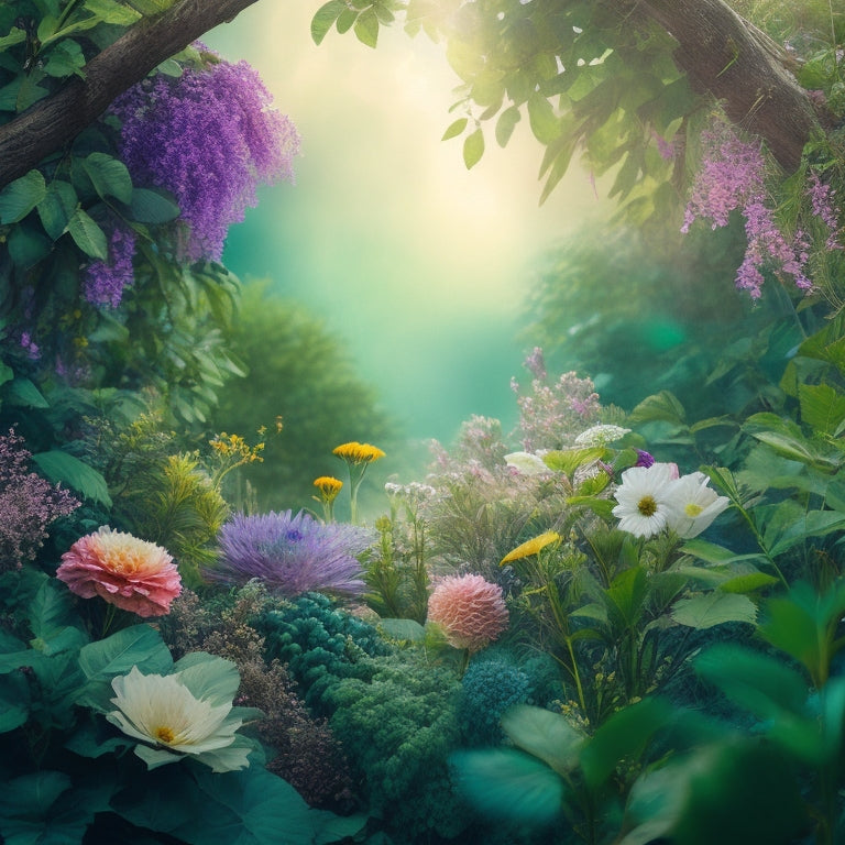 A whimsical, dreamlike scene featuring lush greenery, vibrant flowers, and abstract shapes, blending watercolor and digital media, with soft, gradient hues and intricate details, evoking a sense of wonder and serenity.